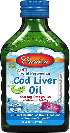 Carlson Omega 3, 550 mg de Aceite de hígado de bacalao para Niños, Vitaminas A y D3, 8.5 fl oz