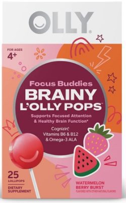 OLLY Brainy Chupetes L'OLLY Pops - Chupetines para la Concentración y Atención, Ayuda a la Salud Cerebral, Paletas Sabor Sandía, 25 unidades con Vitaminas B6 y B12
