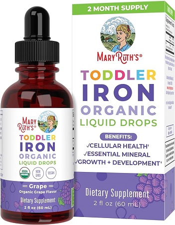 Mary Ruths Hierro, 2 Onzas Suplemento de Hierro para Niños de 1 a 3 Años - Mejora la Hemoglobina, Libre de Azúcar, GMO y Gluten, Sabor a Uva