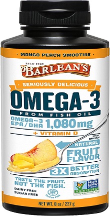 Barleans, 8 oz, Suplemento de Aceite de pescado con Omega 3, 1080 mg con EPA y DHA, + Vitamina D sabor a mango y melocotón para la Salud del Cerebro y el Sistema Inmune