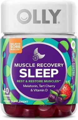 OLLY Suplemento para el Sueño y Recuperación Muscular, 40 Gomitas Alivio del Dolor y Soporte Nocturno, con 3 mg de Melatonina, Sabor Cereza Ácida y Baya, Enriquecidas con Vitamina D
