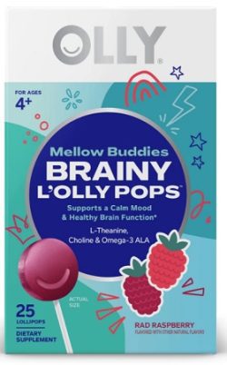 OLLY Brainy Chupetes L'OLLY Pops - Chupetines para la Calma y Ayuda a la Salud Cerebral, Paletas Sabor frambuesa 25 unidades