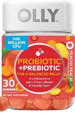 Olly Probióticos y Prebióticos Suplemento Masticable de 30 Gomitas para la Salud Digestiva e Intestinal - 500 Millones de UFC, Fibra, para Adultos de Ambos Sexos, Sabor Melocotón