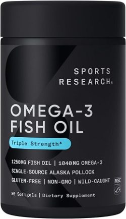 Sports Research, 90 Capsulas blandas de Aceite de Pescado Omega 3 de Alta Potencia, Suplemento de Abadejo Salvaje de Alaska, Rico en EPA y DHA, 1250 mg, Sin Eructos