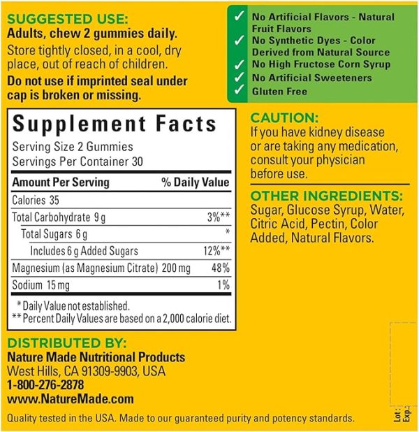 Nature Made Gomitas de Citrato de Magnesio de 200 mg, 60 cápsulas blandas, para adultos mejora el Sistema Muscular, Nervios, Huesos y Salud Cardíaca - Imagen 3