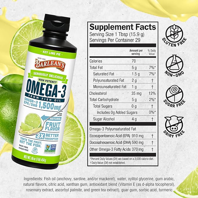 Barleans, 16 oz, Suplemento de Aceite de pescado con Omega 3, 1500 mg con EPA y DHA, sabor a limón para la Salud del Cerebro y el Sistema Inmune - Imagen 6