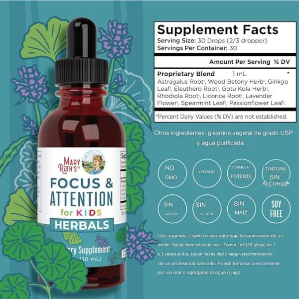Mary Ruths Focus Suplemento nootrópico para Niños, 30 ml, 1 Oz suplemento con Ginkgo Biloba y raiz de Astrágalo, Salud Cerebral, vegano, sin gluten - Imagen 4