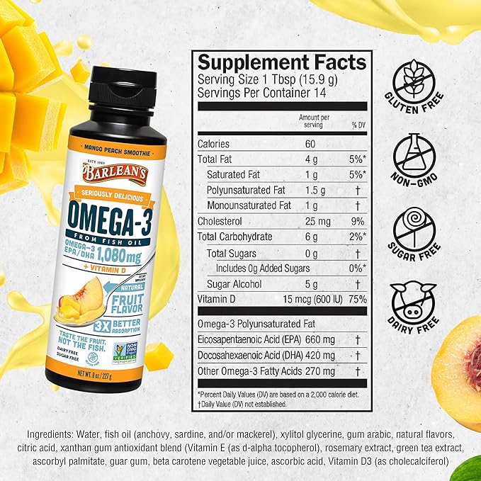 Barleans, 8 oz, Suplemento de Aceite de pescado con Omega 3, 1080 mg con EPA y DHA, + Vitamina D sabor a mango y melocotón para la Salud del Cerebro y el Sistema Inmune - Imagen 5