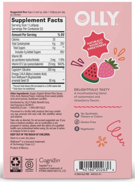 OLLY Brainy Chupetes L'OLLY Pops - Chupetines para la Concentración y Atención, Ayuda a la Salud Cerebral, Paletas Sabor Sandía, 25 unidades con Vitaminas B6 y B12 - Imagen 3