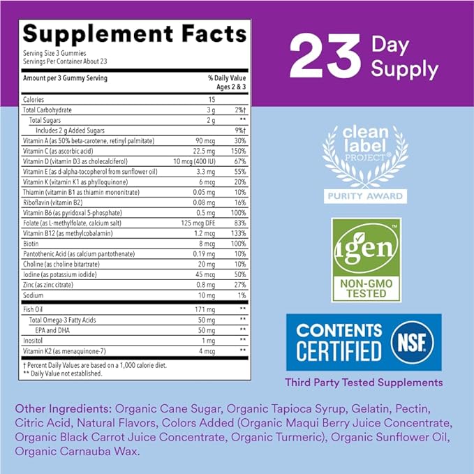 Smarty Pants Omega 3, 70 Gomitas Multivitamínicas para Niños Pequeños con EPA/DHA de Aceite de Pescado, Vitaminas D3, C, B12, B6, A, K y Zinc, Fortalece el Sistema Inmunológico - Imagen 2