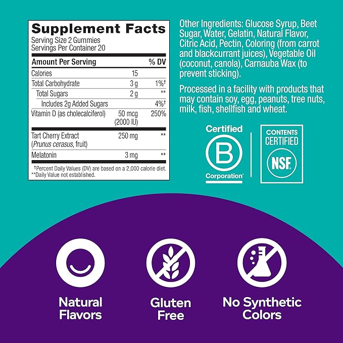 OLLY Suplemento para el Sueño y Recuperación Muscular, 40 Gomitas Alivio del Dolor y Soporte Nocturno, con 3 mg de Melatonina, Sabor Cereza Ácida y Baya, Enriquecidas con Vitamina D - Imagen 5