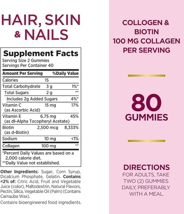 Nature's Bounty, 80 Gomitas Mejora Cabello, Piel y Uñas con Biotina y Colágeno, 2500 Mcg Suplemento Vitamínico con sabor a cítricos, para Mujeres - Imagen 2