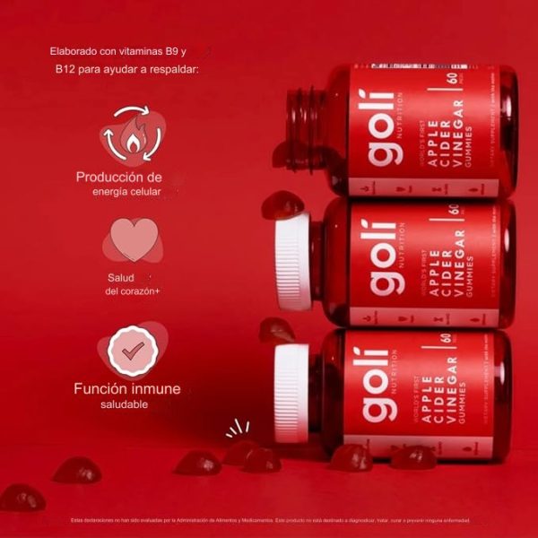 Goli - 60 Gomitas de Vinagre de Sidra de Manzana con Vitaminas B9 y B12, Libres de Gelatina y Gluten, Veganas, Sin Organismos Modificados Genéticamente - Imagen 3