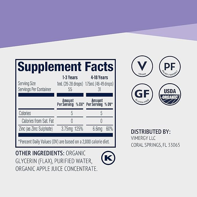 Vimergy Zinc, Gotas orgánico para Niños, 1.85 fl oz para Sistema Inmune, para piel y sistema oseo, vegano, sin OMG - - Imagen 6