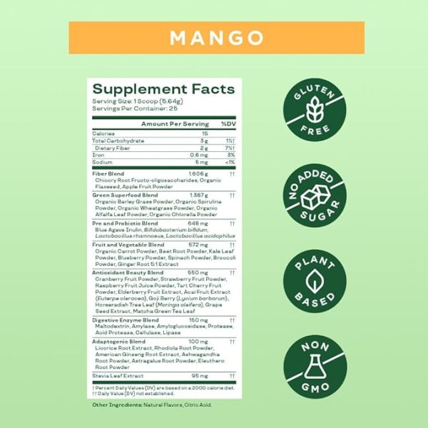 Bloom 25 porciones 5oz Sabor Mango, Nutrición Verdes y Superalimentos En Polvo, Rebaja la hinchazón digestiva - Imagen 3