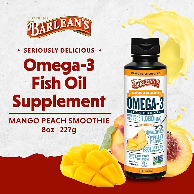 Barleans, 8 oz, Suplemento de Aceite de pescado con Omega 3, 1080 mg con EPA y DHA, + Vitamina D sabor a mango y melocotón para la Salud del Cerebro y el Sistema Inmune - Imagen 2