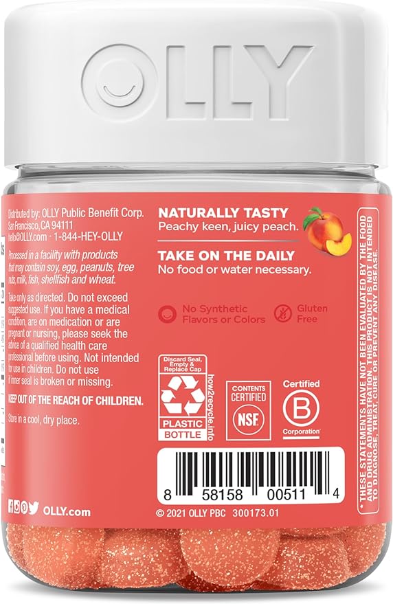 Olly Probióticos y Prebióticos Suplemento Masticable de 30 Gomitas para la Salud Digestiva e Intestinal - 500 Millones de UFC, Fibra, para Adultos de Ambos Sexos, Sabor Melocotón - Imagen 4