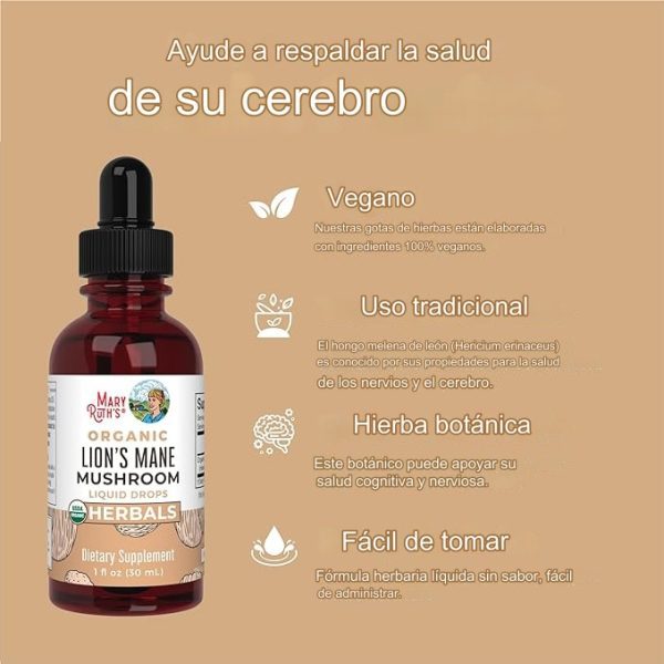 Mary Ruths Suplemento de hongos de Melena de León, 1 onza líquida dura hasta 2 meses, Extracto de melena de león orgánico nootrópico USDA Gotas neuroprotectoras mejora el nerviosismo, vegano, sin alcohol - Imagen 3