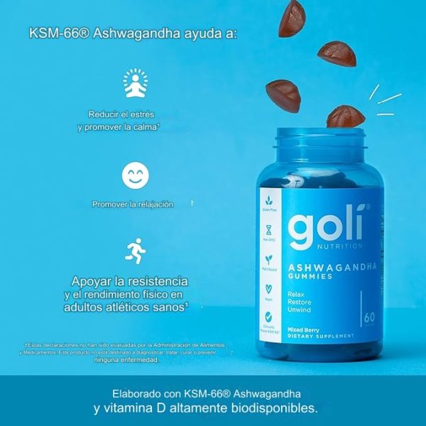 Goli - 60 Gomitas de Ashwagandha y Vitamina D - Encuentra Calma, Renovación y Relajación, Sabor a Bayas Mixtas, KSM-66, Veganas, Libres de OMG, Gluten y Gelatina - Imagen 2
