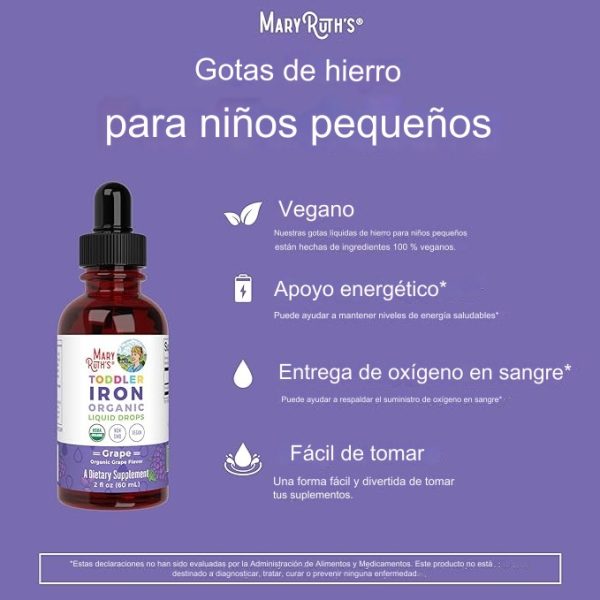 Mary Ruths Hierro, 2 Onzas Suplemento de Hierro para Niños de 1 a 3 Años - Mejora la Hemoglobina, Libre de Azúcar, GMO y Gluten, Sabor a Uva - Imagen 2