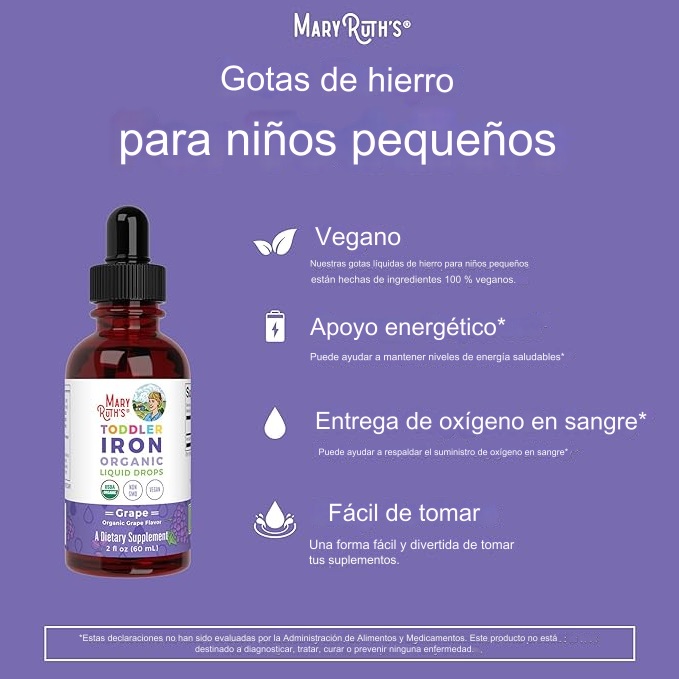 Mary Ruths Hierro, 2 Onzas Suplemento de Hierro para Niños de 1 a 3 Años - Mejora la Hemoglobina, Libre de Azúcar, GMO y Gluten, Sabor a Uva - Imagen 2