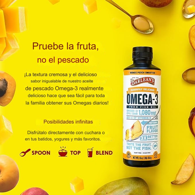 Barleans, 8 oz, Suplemento de Aceite de pescado con Omega 3, 1080 mg con EPA y DHA, + Vitamina D sabor a mango y melocotón para la Salud del Cerebro y el Sistema Inmune - Imagen 3