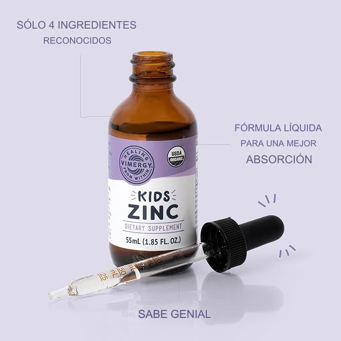 Vimergy Zinc, Gotas orgánico para Niños, 1.85 fl oz para Sistema Inmune, para piel y sistema oseo, vegano, sin OMG - - Imagen 3