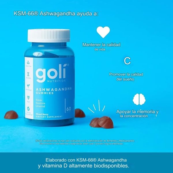 Goli - 60 Gomitas de Ashwagandha y Vitamina D - Encuentra Calma, Renovación y Relajación, Sabor a Bayas Mixtas, KSM-66, Veganas, Libres de OMG, Gluten y Gelatina - Imagen 4