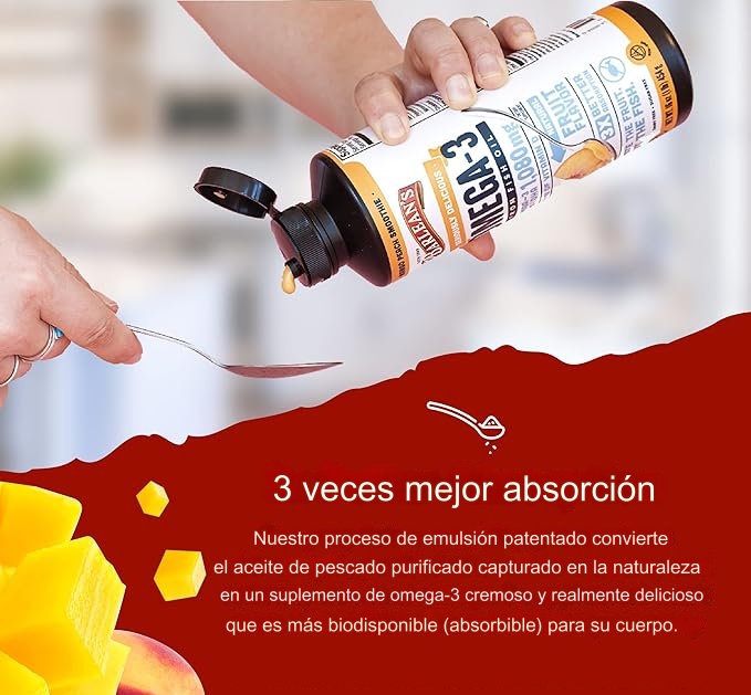Barleans, 8 oz, Suplemento de Aceite de pescado con Omega 3, 1080 mg con EPA y DHA, + Vitamina D sabor a mango y melocotón para la Salud del Cerebro y el Sistema Inmune - Imagen 4
