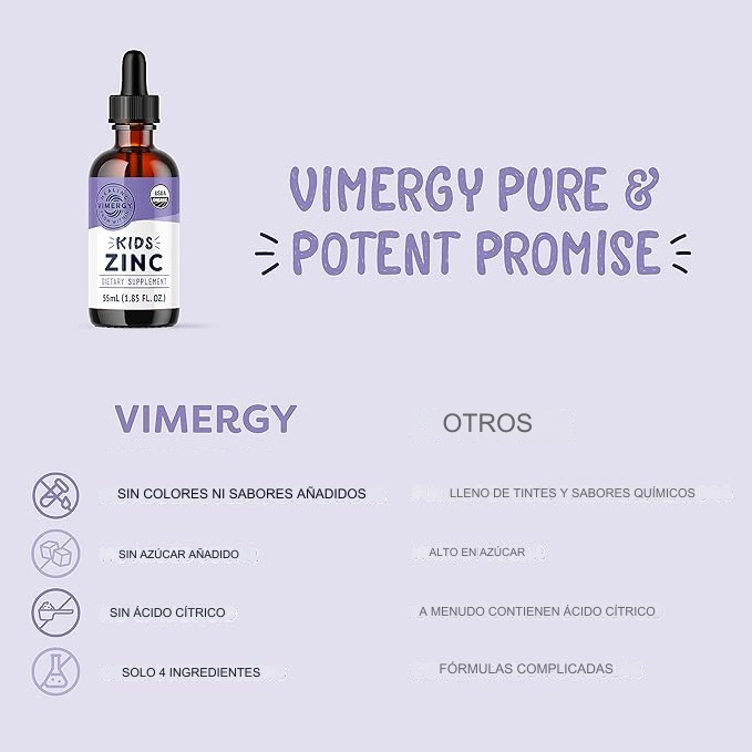 Vimergy Zinc, Gotas orgánico para Niños, 1.85 fl oz para Sistema Inmune, para piel y sistema oseo, vegano, sin OMG - - Imagen 5