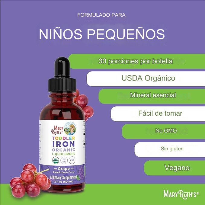 Mary Ruths Hierro, 2 Onzas Suplemento de Hierro para Niños de 1 a 3 Años - Mejora la Hemoglobina, Libre de Azúcar, GMO y Gluten, Sabor a Uva - Imagen 5
