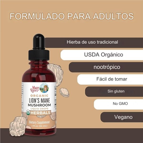 Mary Ruths Suplemento de hongos de Melena de León, 1 onza líquida dura hasta 2 meses, Extracto de melena de león orgánico nootrópico USDA Gotas neuroprotectoras mejora el nerviosismo, vegano, sin alcohol - Imagen 7