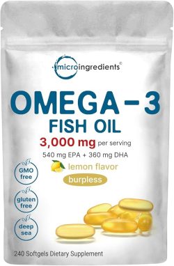 Suplementos de aceite de pescado Omega 3 3,000 mg por porción, 240 cápsulas blandas | Sabor a limón - Burpless | EPA 540mg + DHA 360mg | Apoyo para el corazón y el cerebro