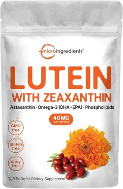 Micro Ingredients Cápsulas blandas de luteína y zeaxantina de 40 mg, 240 unidades, con astaxantina, omega-3 y fosfolípidos, vitaminas para la salud de los ojos y la visión, probadas por terceros