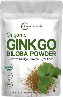 Micro Ingredients Polvo de ginkgo biloba orgánico crudo, 8 onzas (suministro de 18 meses), sin relleno, apoya la función cerebral y el estado de alerta mental, sin OMG y apto para veganos