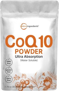 Micro Ingredients Suplemento de COQ10 soluble en agua (COQ10 200 mg por porción en forma de polvo), 1.76 oz (suministro de 8 meses), absorción extra, apoya la salud del corazón