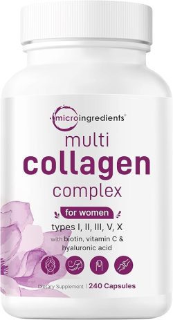 Micro Ingredients Complejo de colágeno múltiple para mujeres, 240 cápsulas | Tipo I, II, III, V, X con ácido hialurónico, biotina y vitamina C