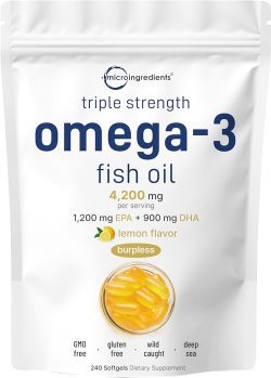 Suplementos de aceite de pescado Omega 3 de triple fuerza, 4200 mg por porción, 240 cápsulas blandas, sabor a limón, sin erupciones, EPA 1200 mg + DHA 900 mg