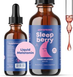JoySpring Sleepberry Kids Melatonina 3 mg - Ayuda líquida para dormir con L teanina, gotas de bayas de alta absorción (2 onzas líquidas), 60 porciones, melatonina para niños con vitamina D